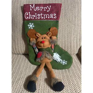 Festive Christmas Stocking w/ Faux Fur 3D Reindeer Design Snowflakes Green Red